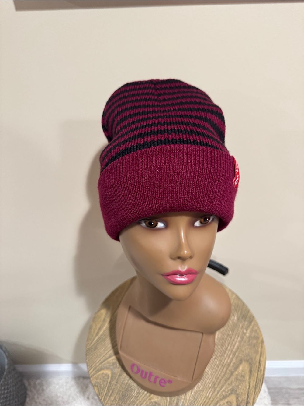 Striped Burgundy and Black Knit Beanie - Women Accessories